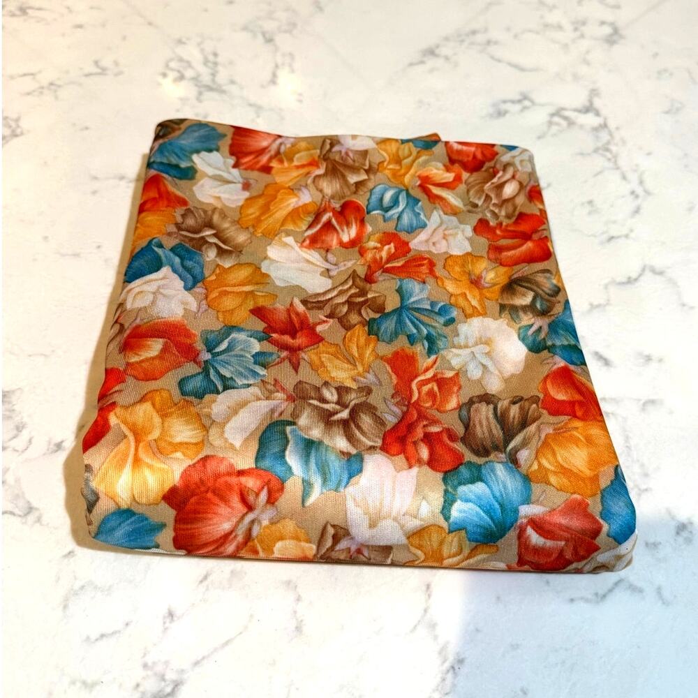 Vintage 70s all-over floral design orange gold yellow turquoise tan fabric